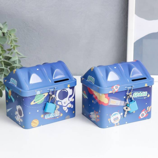 Копилка металл с замочком "Космические приключения" МИКС 12х9,5х10 см   7963851